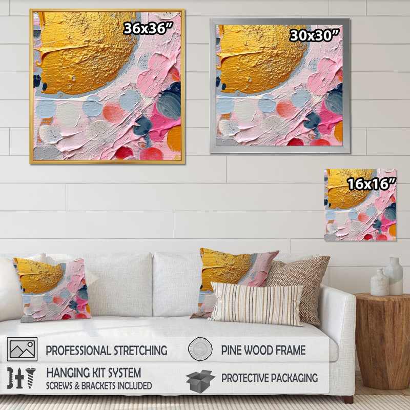 Rose et gris géométrique IV sur toile, H 16 po x l 16 po x P 1 po, Cadre flottant doré
