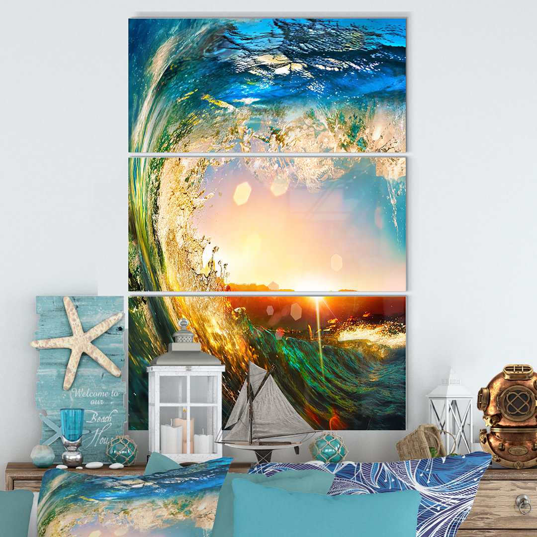 Colored Ocean Waves Falling Down - Sea & Shore 3 Panels Canvas Wall Art Print Design Art