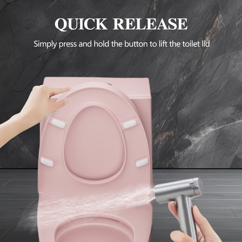 Elongated Toilet Seat Quiet-Close Plastic with Seat Cover, Quick Attach 17.72" L, Glossy White, Pink