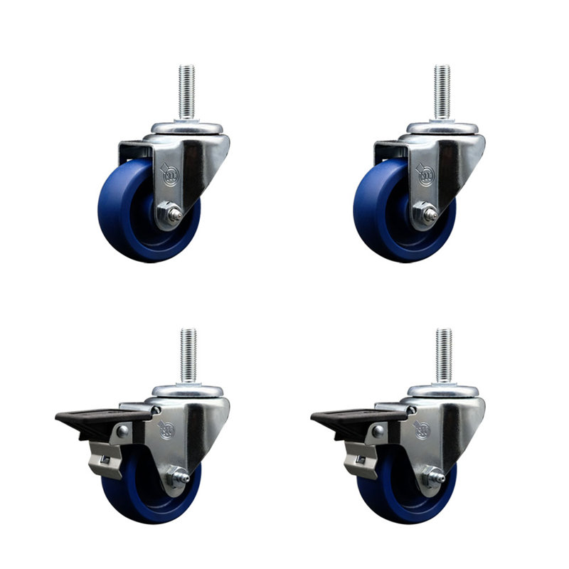 3 Inch_Solid Poly Wheel Swivel 3/4 Inch_Threaded Stem Caster Set 2 Brakes