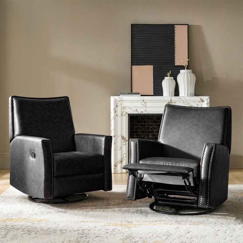  Jerseyville Transitional Faux Leather Swivel Rocker Manual Recliner(Set of 2), Black