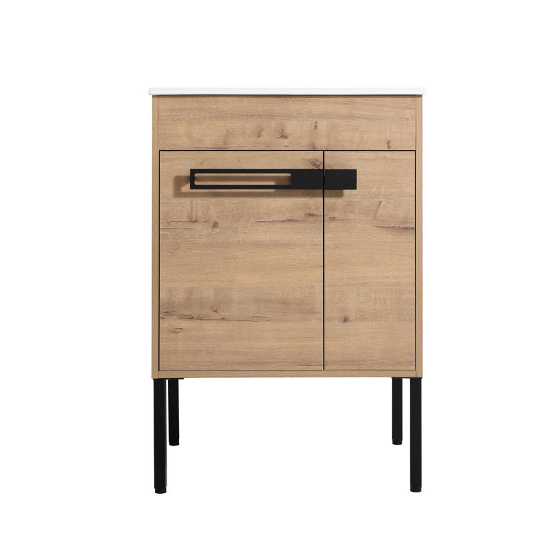 Meuble-lavabo de 24 po avec tablette réglable et fermeture silencieuse de style chêne imitation autoportant