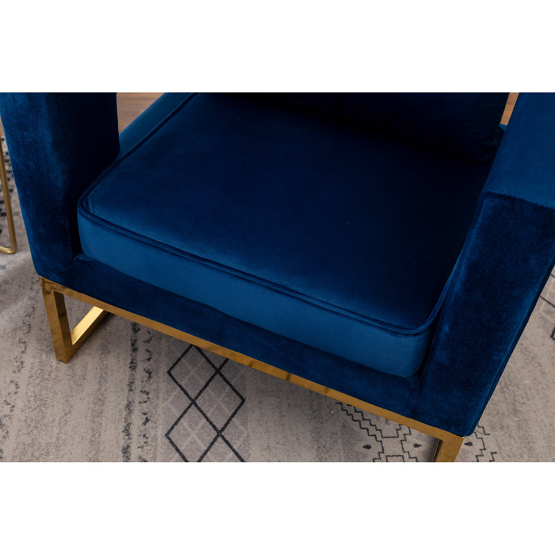 Fauteuil bleu luxueux - revêtu de velours fin, de structure métallique, carré, avec accoudoirs confortables pour une détente