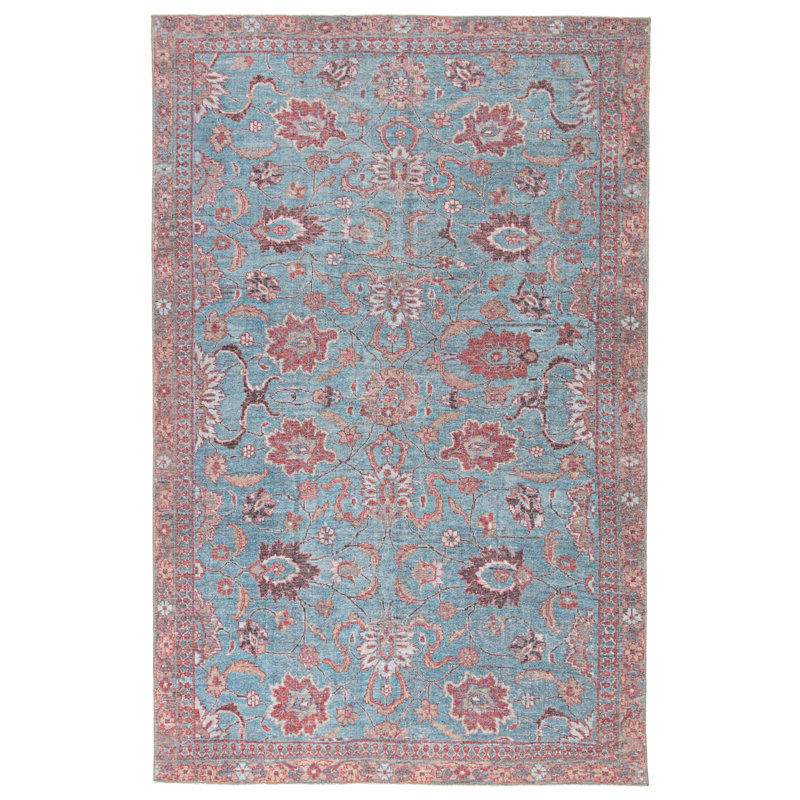 Tapis oriental bleu / rose lavable à la machine Filicity, Rectangle 9 pi x 12 pi