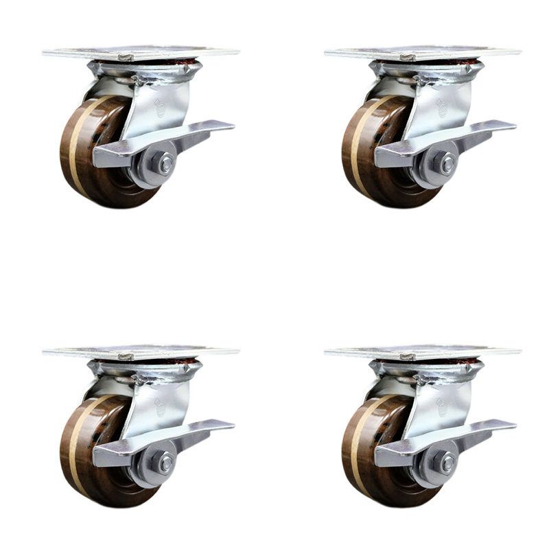 4 Inch Heavy Duty High Temp Phenolic Caster Set with Roller Bearings and Brakes