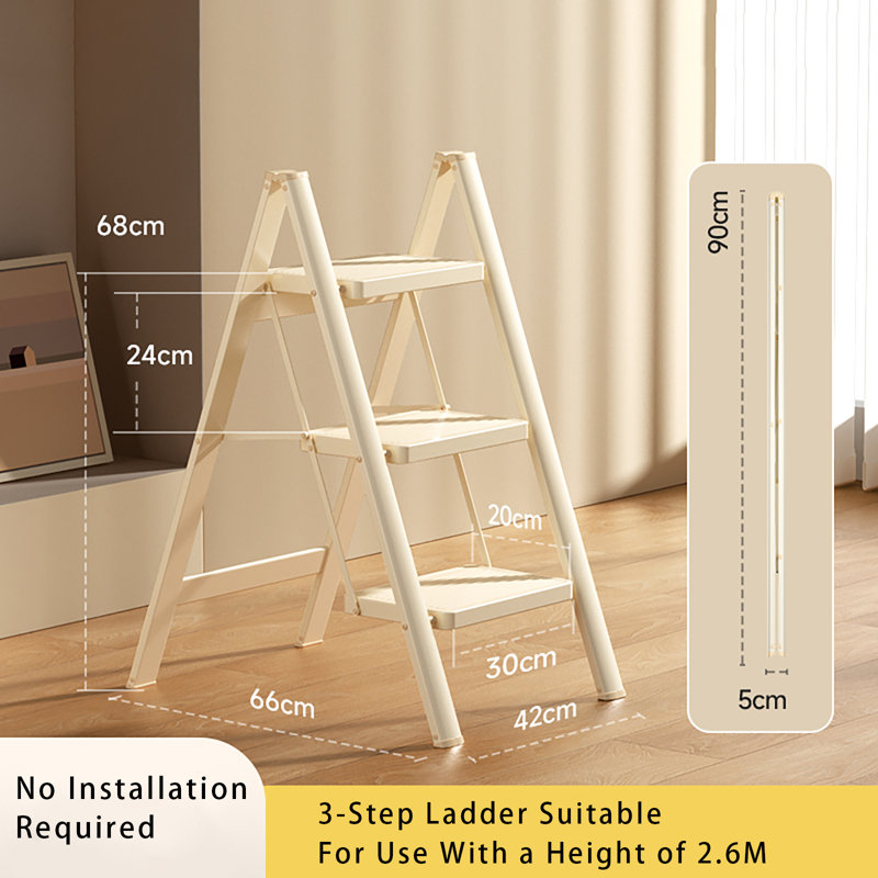 Escabeau pliant en acier à 3 marches et léger, escabeau de sécurité de 330 lb, Crème, crème