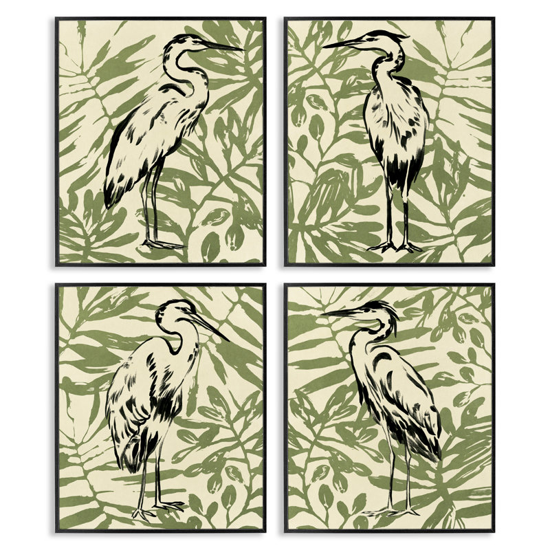  «Tropical Herons with Leaves», ensemble de 4 giclées par June Erica Vess, H 14 po x l 11 po, Giclée encadrée noir minuit
