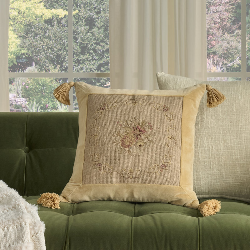 Mina Victory Vintage Pillow Floral Center Indoor Throw Pillow, Beige, Square 18", Floral Center