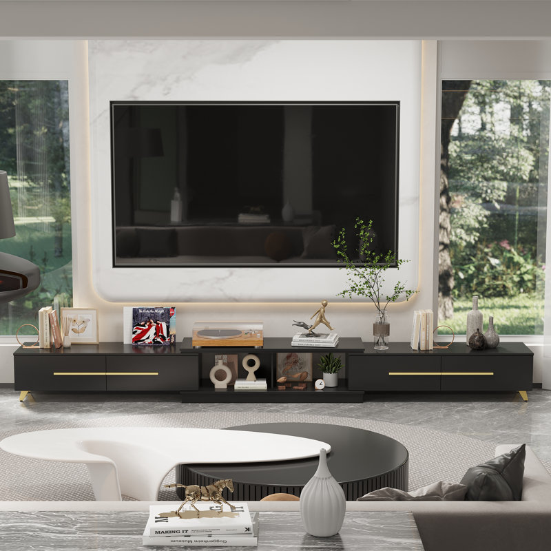 Oneybrook 95–134" Adjustable TV Console with 2 Drawers and Open Shelves, Contemporary Media Cabinet in 2 Colors, Black
