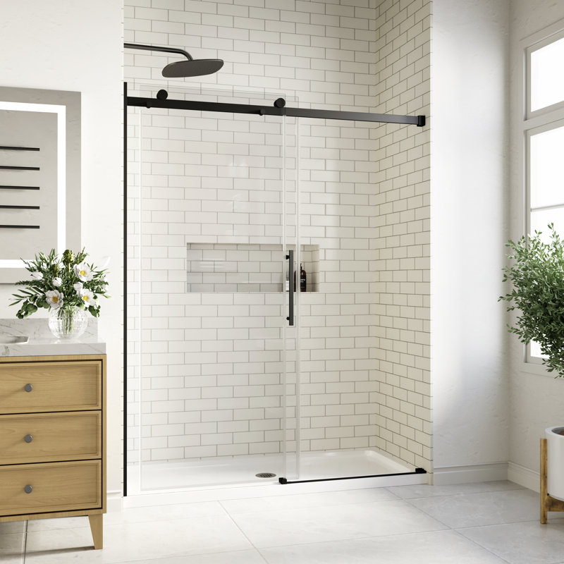 Porte de douche coulissante sans cadre de 56 à 60 po x H 74 po en noir avec système de fermeture en douceur et verre trempé transparent de 1/4 po