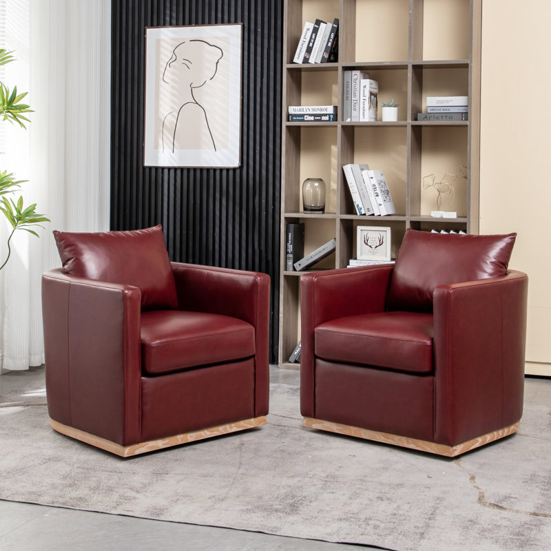 Azib 29'' Wide Genuine Leather Top Grain Leather Swivel Armchair, Burgundy Genuine Leather
