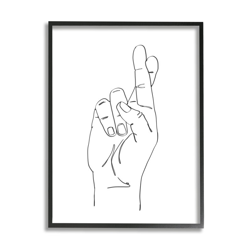 Main avec les doigts croisés - reproduction de dessin, H 14 po x l 11 po x P 1,5 po, Giclée encadrée noir minuit