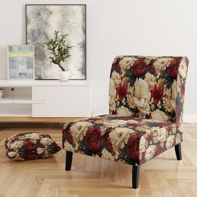 Fauteuil de chambre riche capitonné beige et rouge coquelicots opulents III