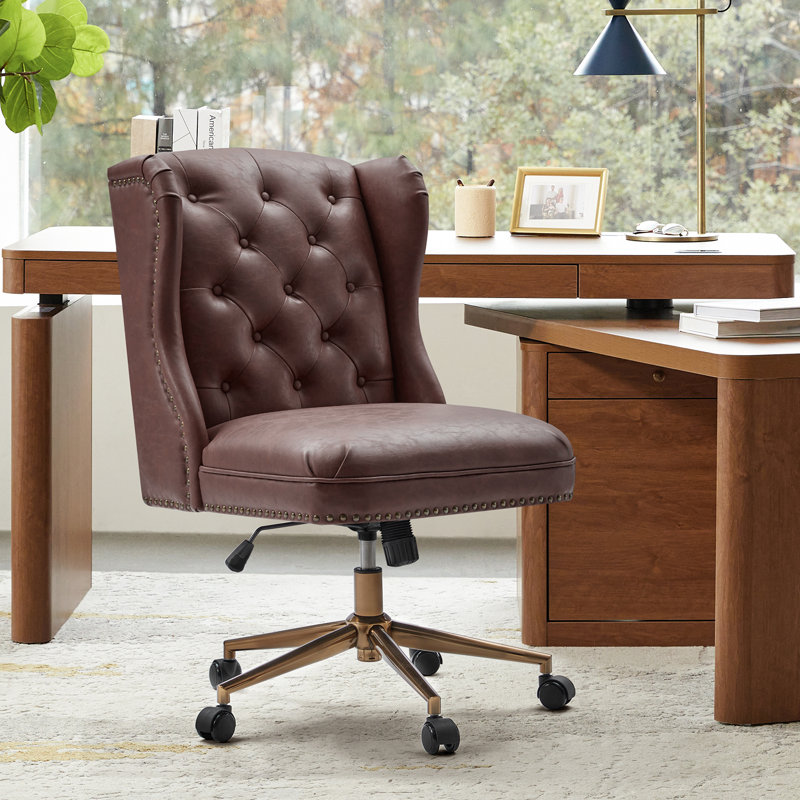 Fauteuil de bureau à oreilles en similicuir Hoai Hazel, Brun