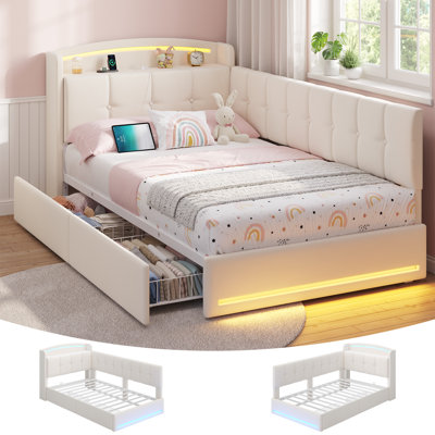 Twin Daybed with Upholstered Headboard and Hidden Storage, Convertible Corner Bed Frame with 2 Drawers, LED Lights and Charging Station for Girls, Saving Space, Beige