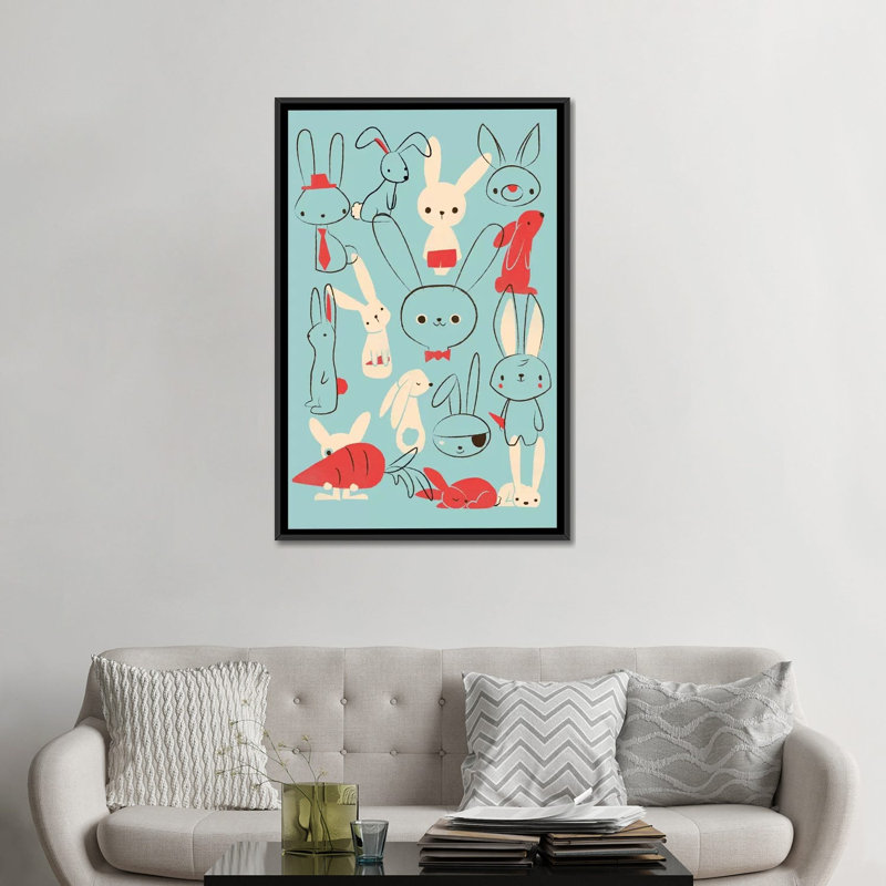 « bunnies blue », impression sur toile tendue, H 26 po x l 18 po x P 1,5 po, Toile encadrée noire