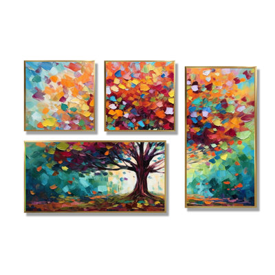 Corail, chêne, arbre à la ferme I - grands arbres, art mural sur toile 4 pièces