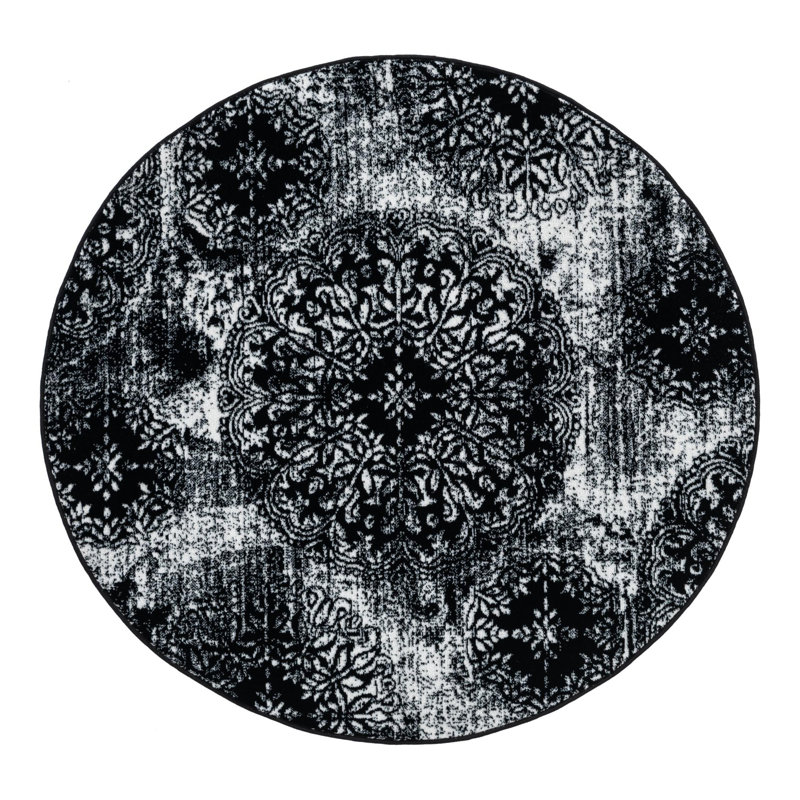 Tapis floral Brandt, Rond 5 pi 1 po, Noir / blanc