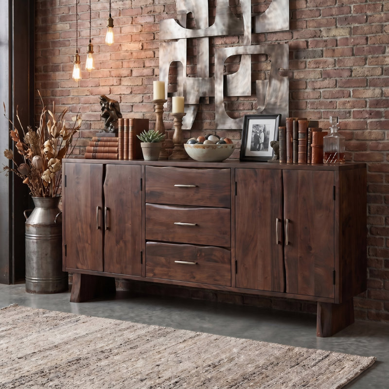 3-drawer 4-door Live Edge Solid Wood Sideboard, Dark Walnut