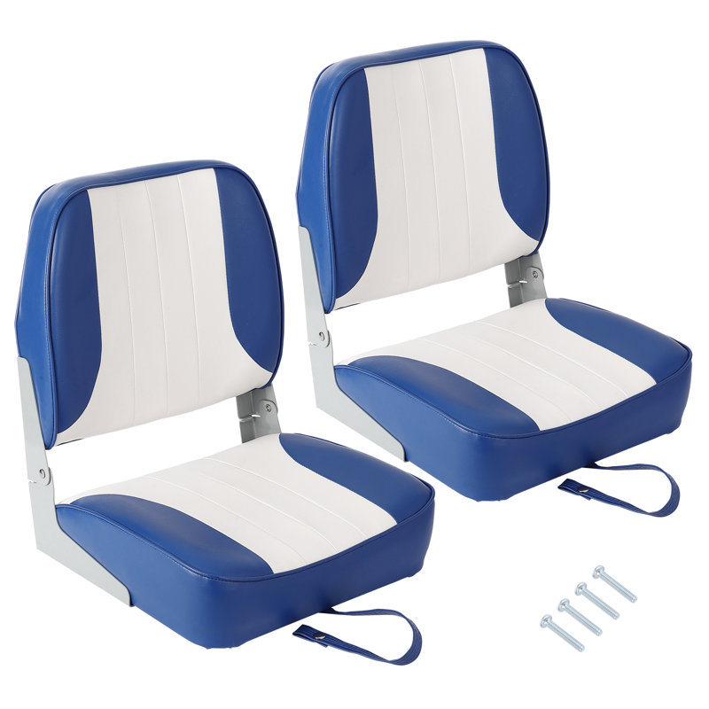 Paquet de 2 sièges de bateau pliables à dossier bas, sièges de pêche avec rembourrage en éponge épaisse, Blanc / Bleu