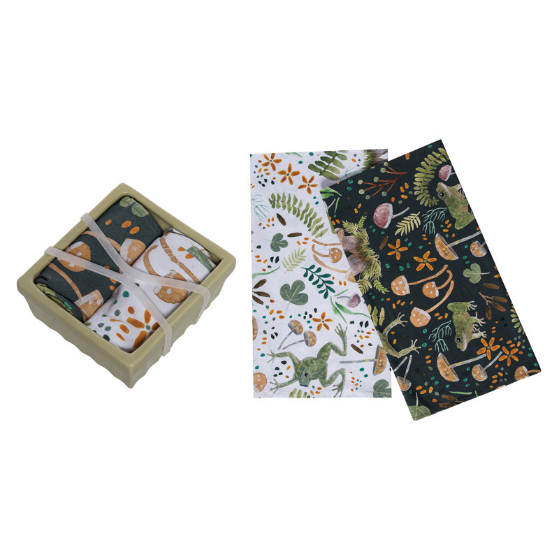 Ceramic Dish with Frog Pattern Tea Towels Set of 3, Kitchen Dishtowel, Green, Cotton, Hanging, Kitchen, Spring, Textile