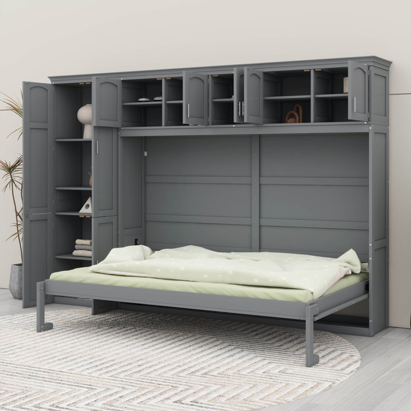 Queen Size Murphy Wall Bed With Cabinets, Gray