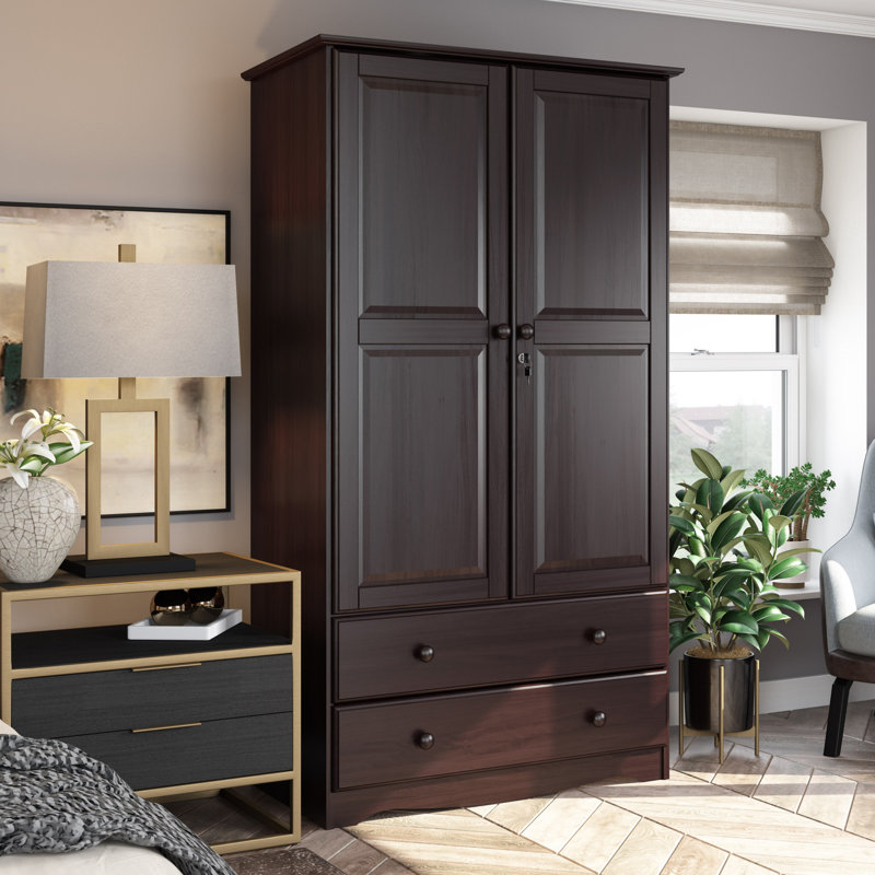 Armoire-penderie 2 portes 100% bois massif avec serrure Primm Smart, Café