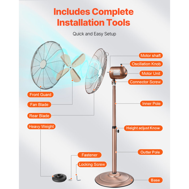 16" Industrial Pedestal Fan 3-Speed Oscillating Fan Height Adjustable, Copper