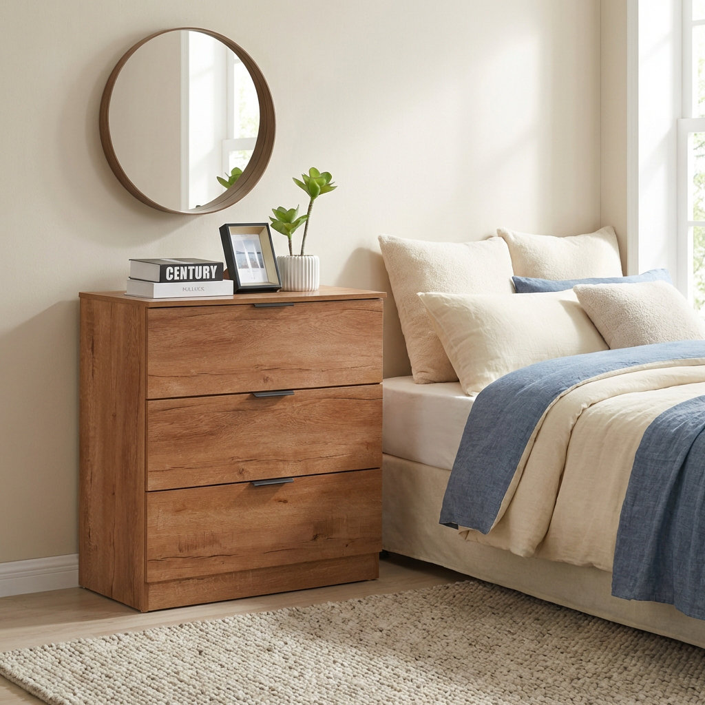 Swish Furniture Oak 3 Drawer Chest of Drawers - Brown - Image 3