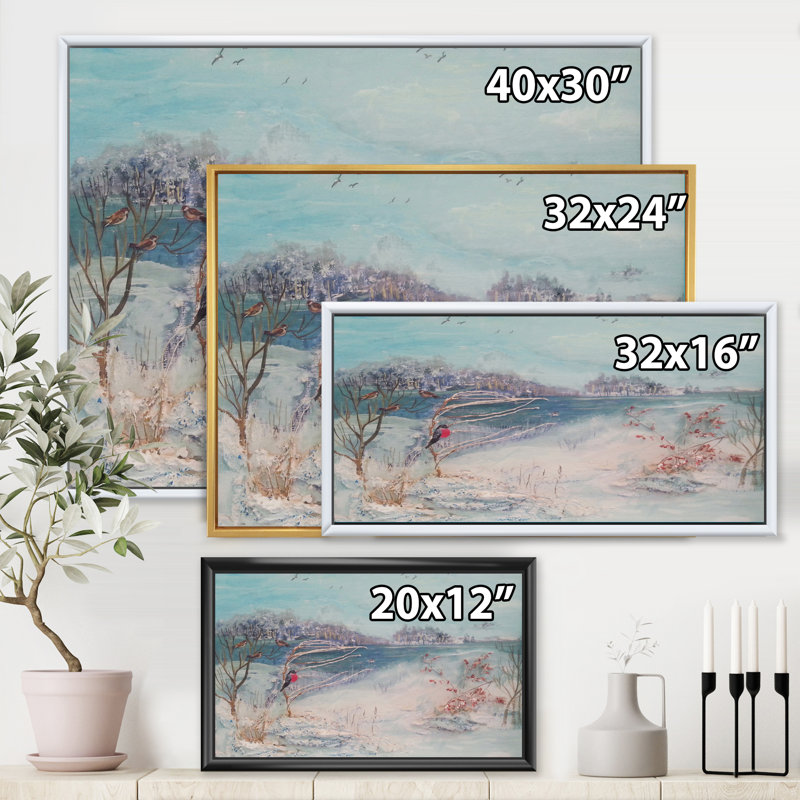 «Winter Trees River and Birds - Floater Frame», reproduction d'art sur toile, H 30 po x l 40 po x 1,5 po, Cadre noir