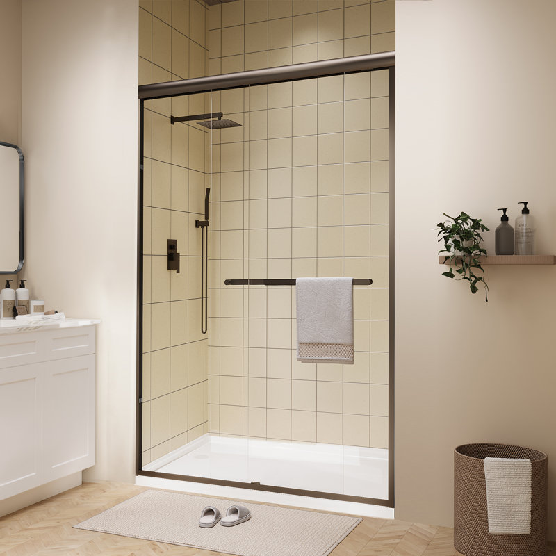 Porte de douche à double cadre coulissante de 46 à 48 po x H 72 po en bronze huilé avec verre trempé transparent de 1/4 po, poignées doubles
