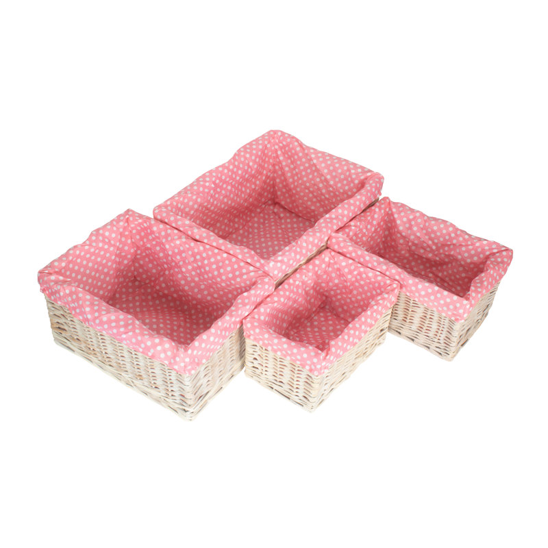 4 Piece Spotty Lined Open Storage Wicker Basket Set, Pink