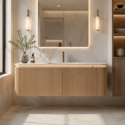 Ensemble de meuble-lavabo et lavabo 48 po 48 po, bordures flottantes courbées à 2 tiroirs, capteur de lumière, lavabo intégré en pierre frittée à motif de travertin, pré-assemblé, couleur grain de bois naturel