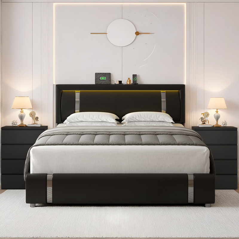 3-piece Bedroom Sets, Queen Size Led Storage Bed With 4-drawers Nightstands