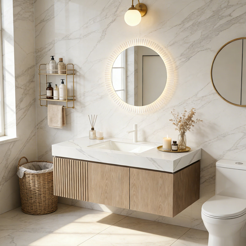 Meuble-lavabo flottant avec espace de rangement multifonctionnel et trou de robinet simple, Marron clair