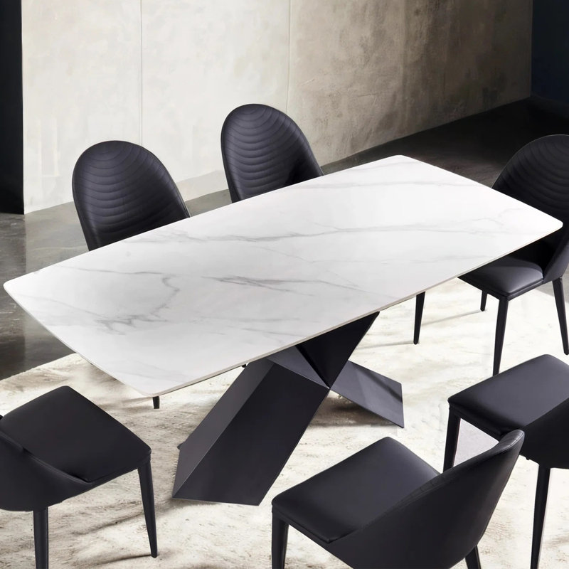 Table de salle à manger rectangulaire avec base en piédestal en forme de X en noir et blanc