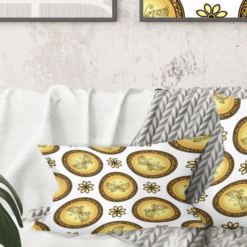 Motif doré et brun avec cercles rétro dégradés - Coussin Mid-Century