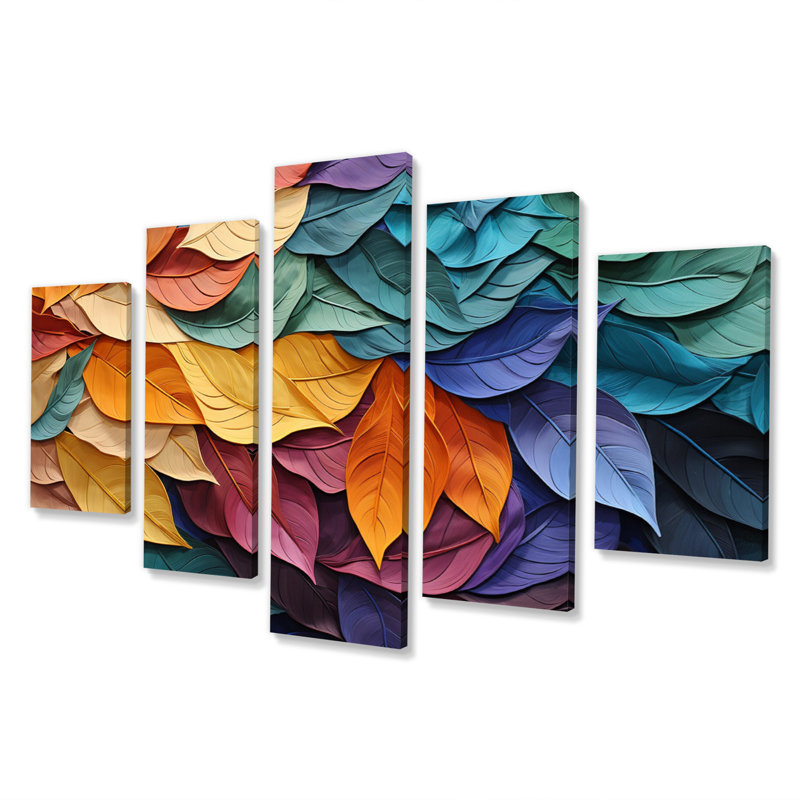 Collage de feuilles colorées III - salon d'art mural moderne - 5 panneaux
