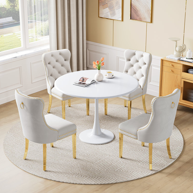 5-Piece Round Metal Dining Table Set With Velvet Upholstered Chairs – Modern Dining Furniture For Small Spaces, White