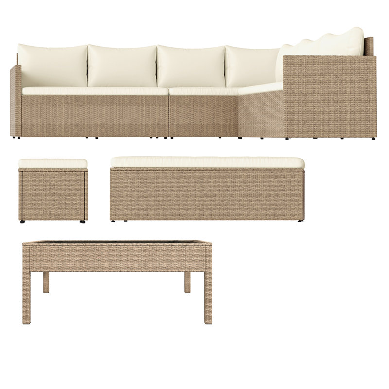 6 Pcs Navy Blue L-Shaped Patio Furniture Set All Weather Wicker Outdoor Sectional Sofa Conversation Set, Natural, Beige