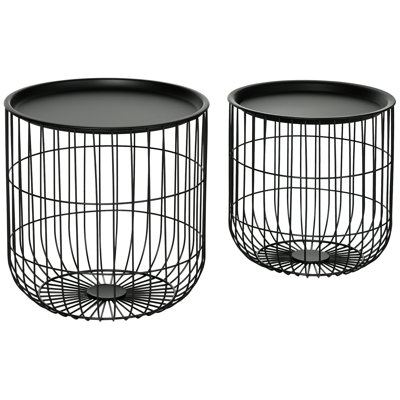 HOMCOM Nesting Coffee Tables, Round Coffee Table Set Of 2 With Steel Wired Basket Body And Removable Top, Stacking End Tables Blanket Storage For Living Room, Black