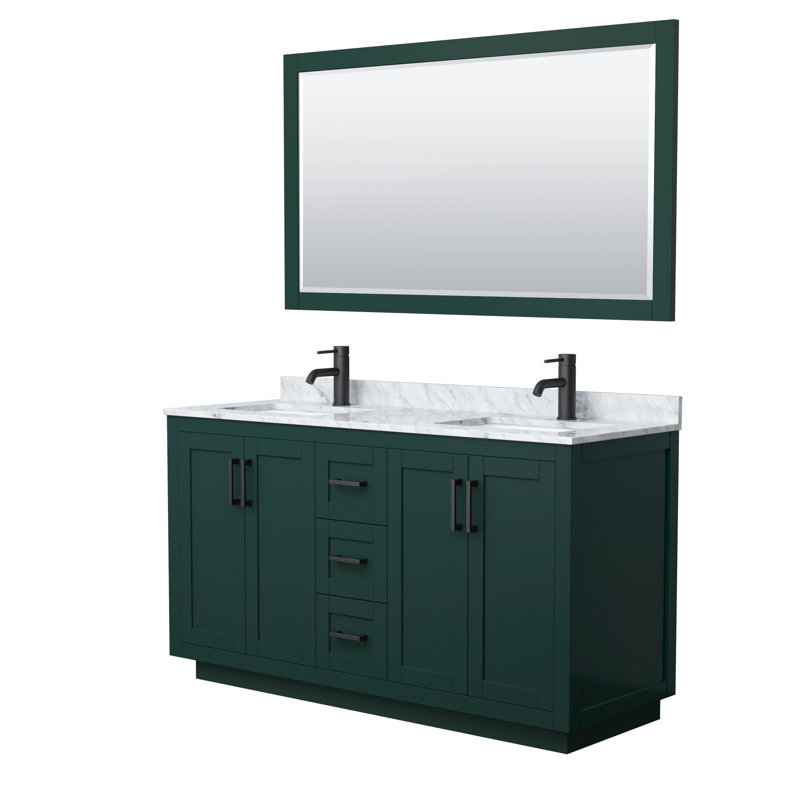 Miranda 60" Freestanding Double Bathroom Vanity with Marble Top with 58" Mirror, Matte Black, Green