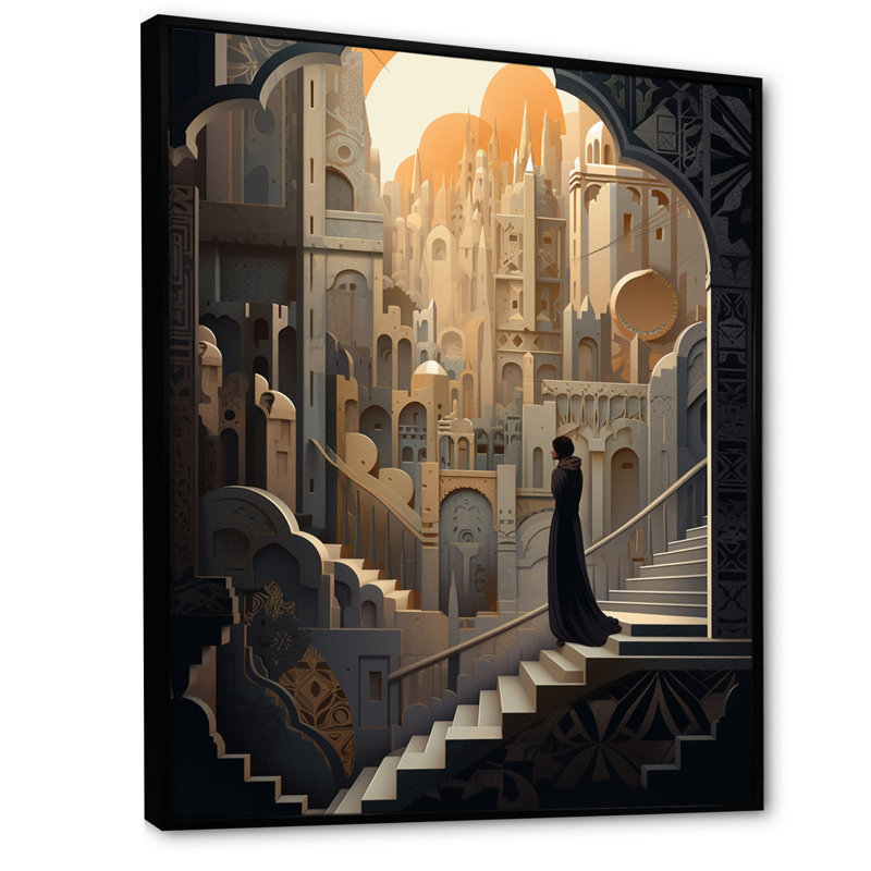 «Arab City V» - surréalisme, art mural sur toile, Cadre flottant noir, H 44 po x l 34 po x P 1,5 po
