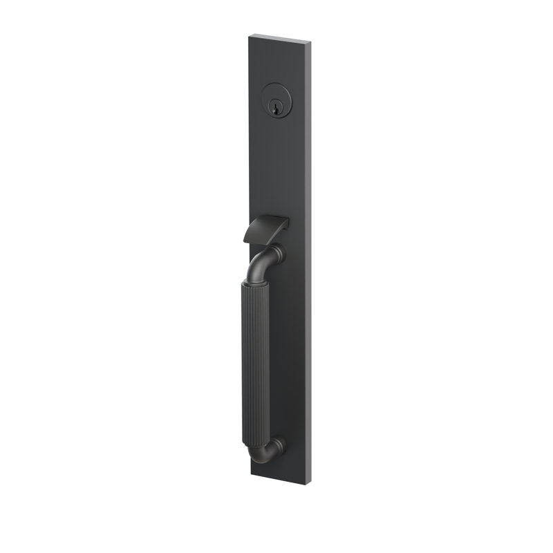 Ensemble d'entrée de gamme Emtek SELECT, F13, mortaise pleine longueur, entraxe de 6,35 cm (2-1/2 po), tige extérieure en forme de R, poignée moletée droite ; poignée intérieure Hercules, noir mat, droitier