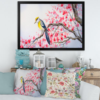 «Beautiful Red Bird on Flowering Branch II», peinture sur toile encadrée