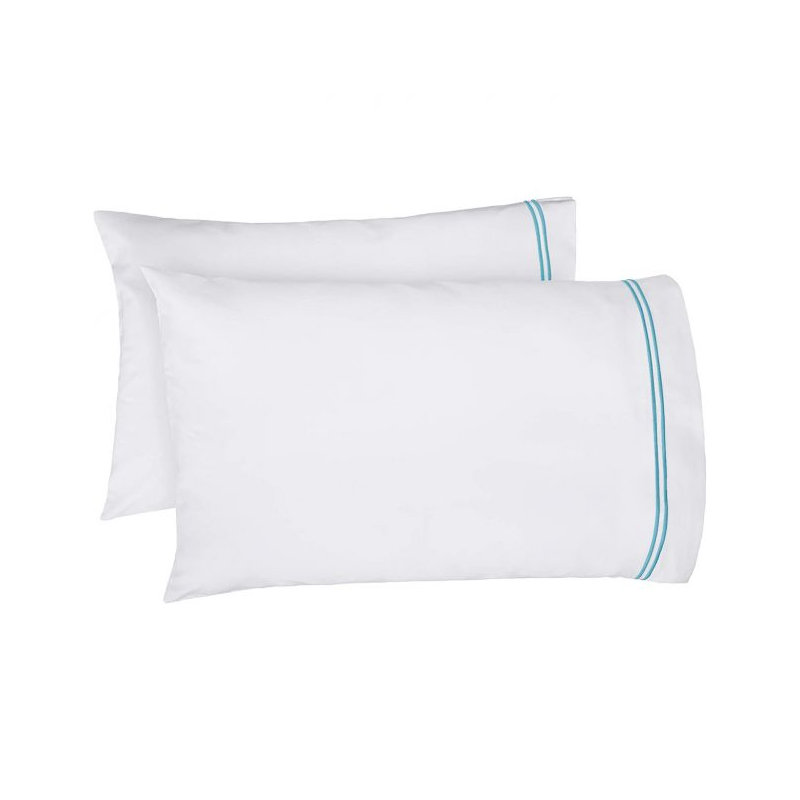 400TC Double Embroidery Cotton Sateen Pillowcases (Set Of 2), White/Light Blue