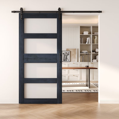 Homacer Navy 48in x 84in 4-Lite Glass Design Unassembled & Finished Barn Door with Hardware Kit, interior use only