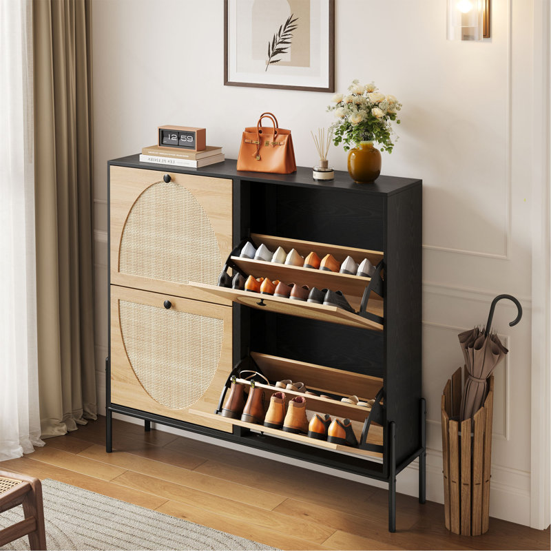 Space-Saving Rattan Shoe Cabinet With 4 Flip-Down Doors – Elegant Narrow Storage For Entryways & Hallways, Black