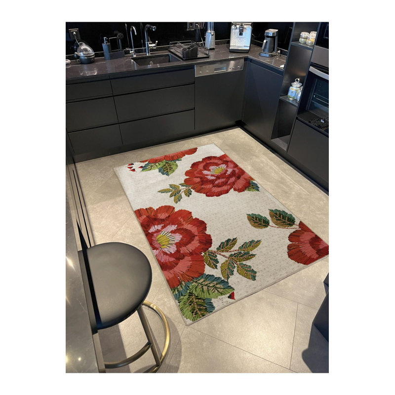 Tapis décoratif rouge moderne à motif de roses et de feuilles lavables à la machine, Rectangle 2 pi 6 po x 4 pi 11 po