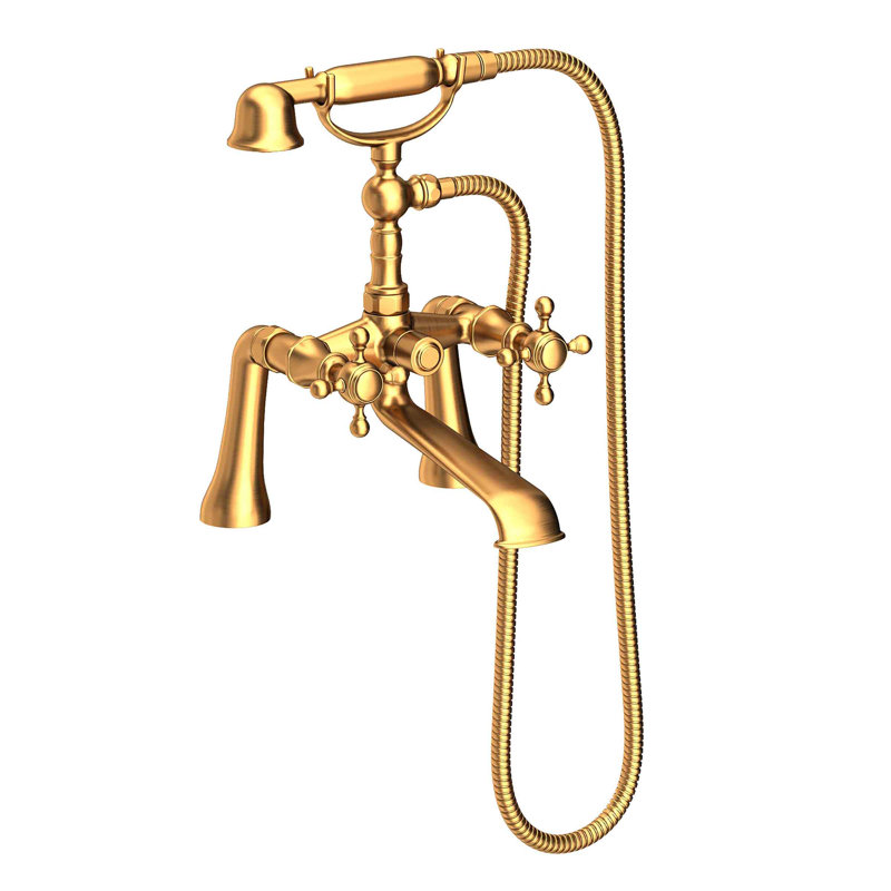 Victoria Deck Mount Exposed Tub & Hand Shower Set, Satin Gold (PVD), Cross Handle